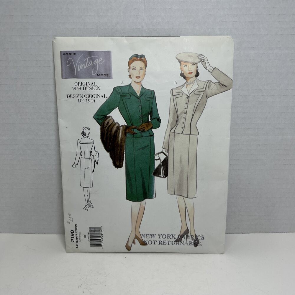 VTG Vogue 1944 WW2 Retro Model- Suit / Top Skirt Costume Sewing Pattern 2198 S10